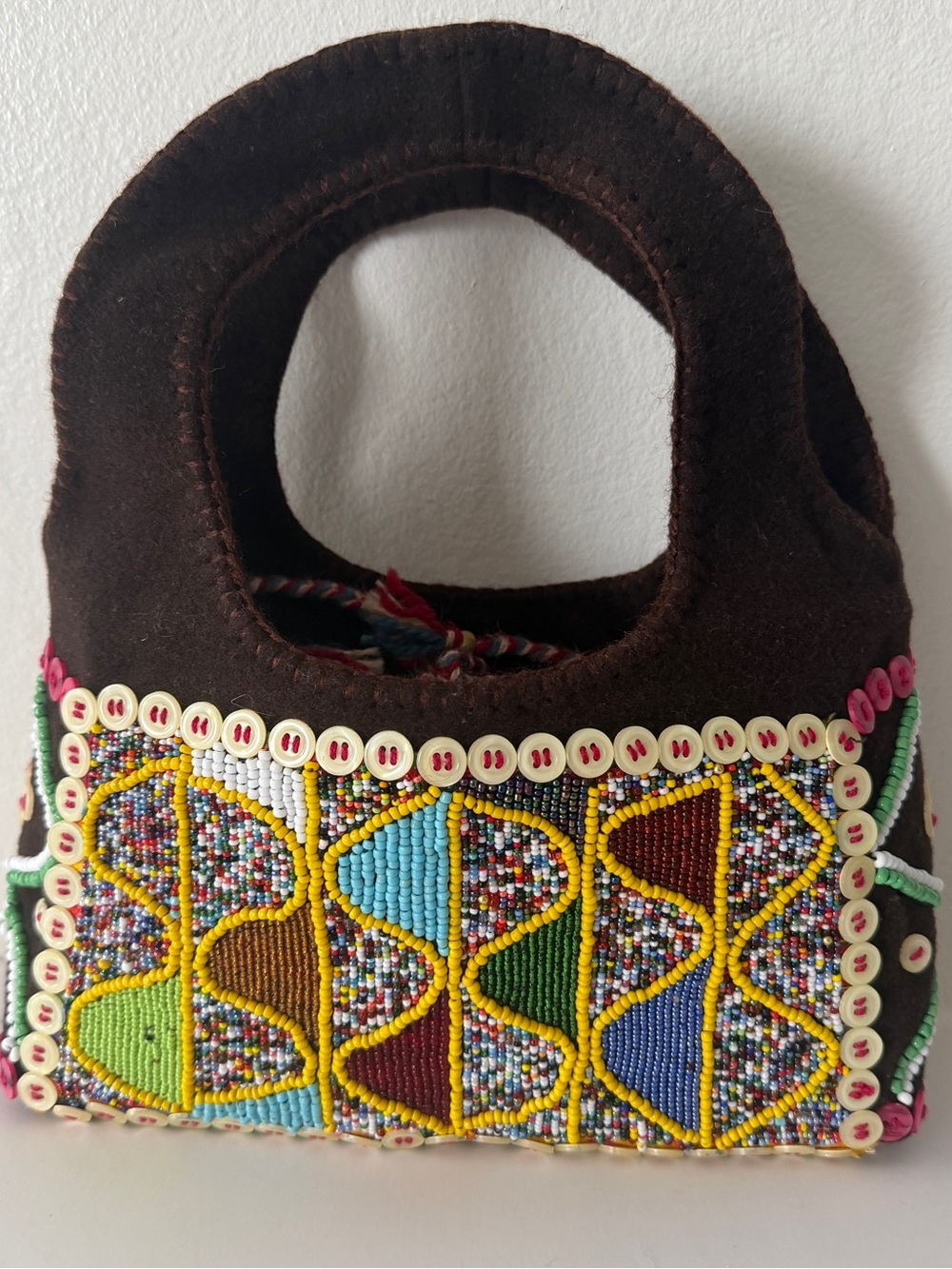 Handcrafted Brown Beaded Tote Bag with Multicolor Geometric Beadwork